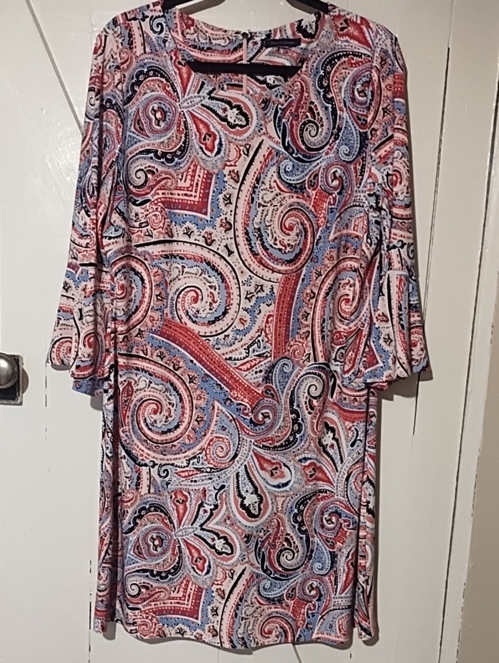 Paisley Print Long Sleeve Shift Dress in Red & Blue Like New Size 14.